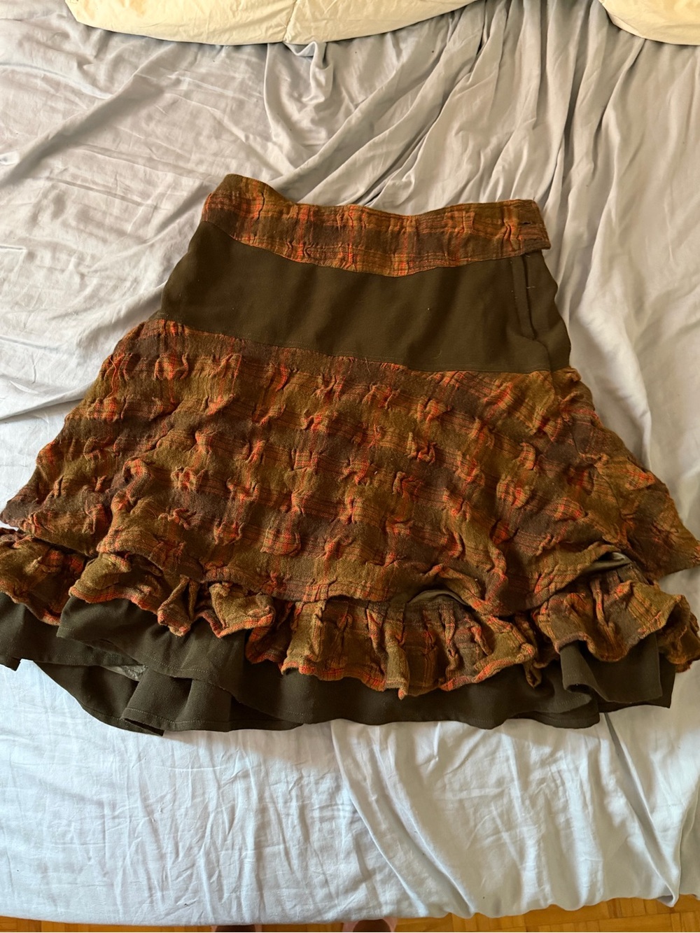 Women's Olive Green and orange checkered Tiered Ruffle Skirt